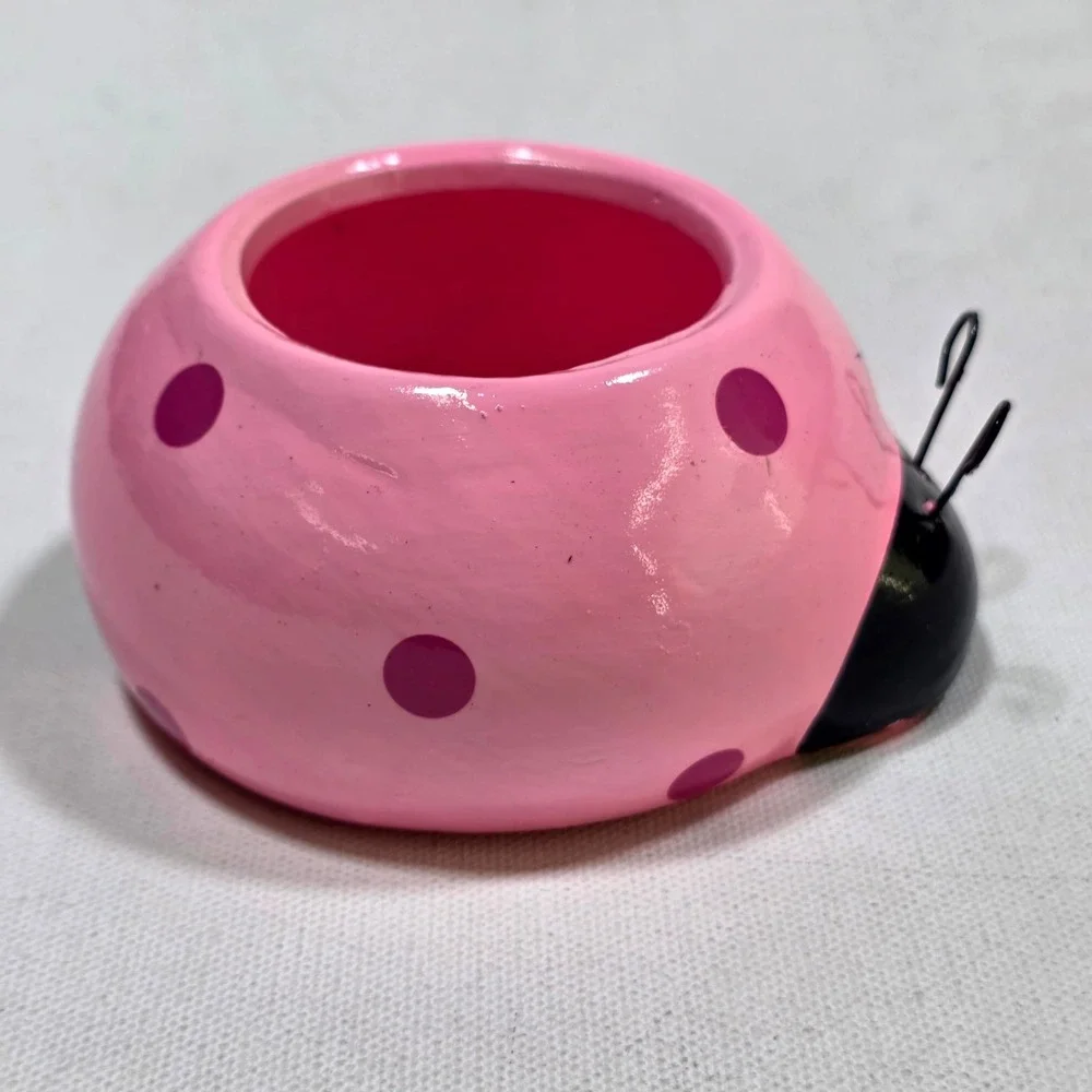 Love Bugs Ladybug Ceramic Planter Small Pink Purple Polka Dot Trinket Dish Decor